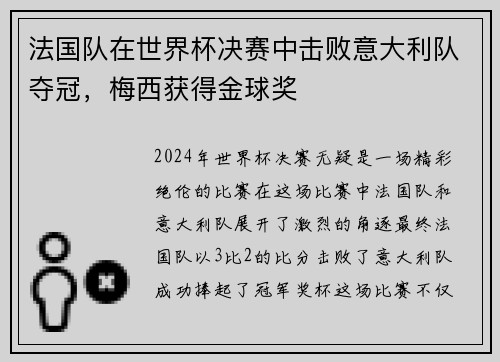 法国队在世界杯决赛中击败意大利队夺冠，梅西获得金球奖