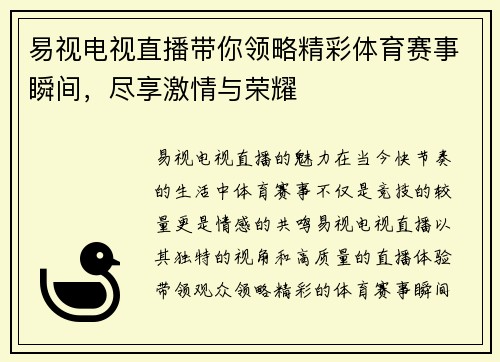 易视电视直播带你领略精彩体育赛事瞬间，尽享激情与荣耀